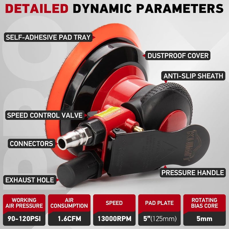 PUIMIT Professional 5" Dual Action Random Orbit Air Sander, Pneumatic Palm Sander, Low Vibration, Heavy Duty - Image 2